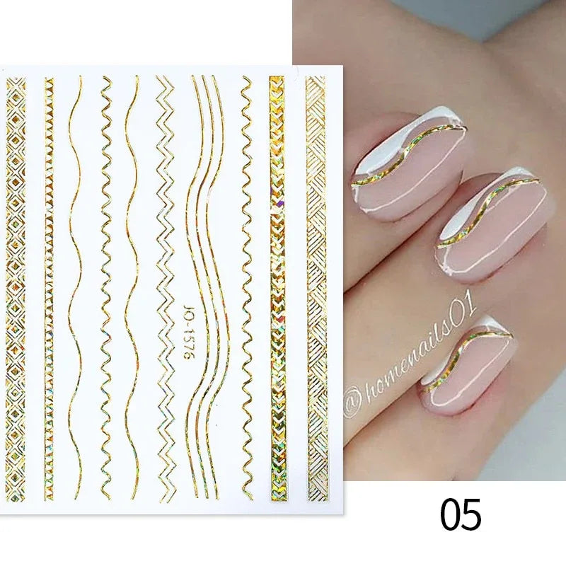 Gold 3D Nail Sticker Curve Stripe Lines Nails Stickers Gradient Adhesive Striping Tape Nail Foil Nail Art Stickers Decals Silver