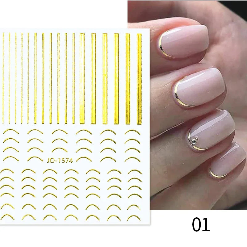 Gold 3D Nail Sticker Curve Stripe Lines Nails Stickers Gradient Adhesive Striping Tape Nail Foil Nail Art Stickers Decals Silver