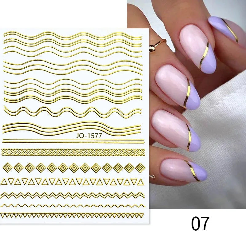 Gold 3D Nail Sticker Curve Stripe Lines Nails Stickers Gradient Adhesive Striping Tape Nail Foil Nail Art Stickers Decals Silver