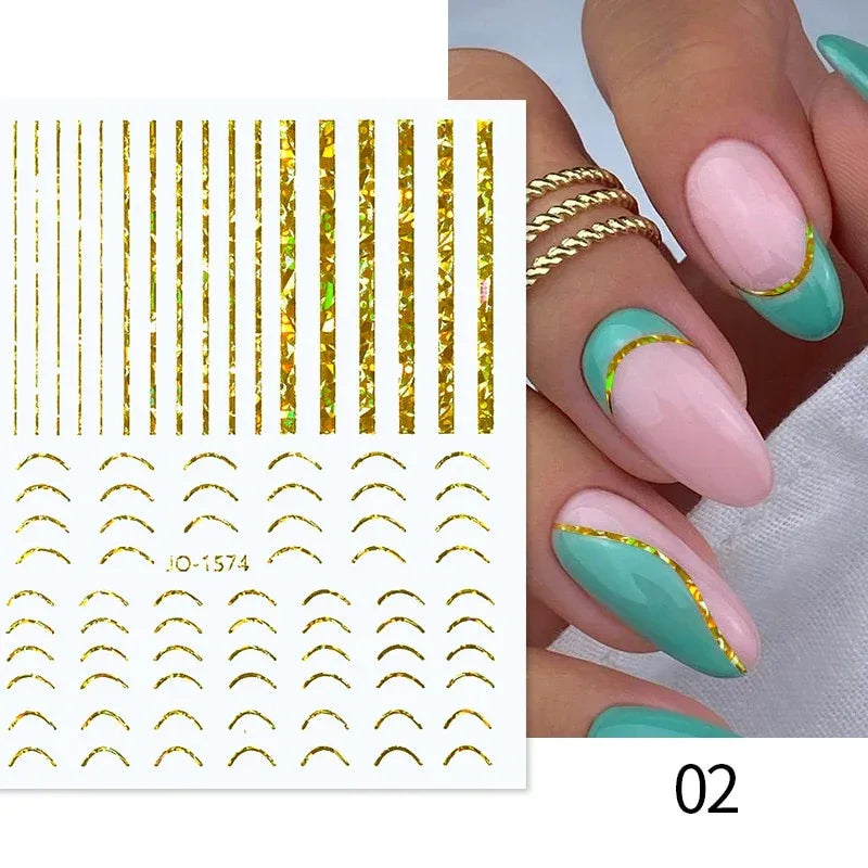 Gold 3D Nail Sticker Curve Stripe Lines Nails Stickers Gradient Adhesive Striping Tape Nail Foil Nail Art Stickers Decals Silver
